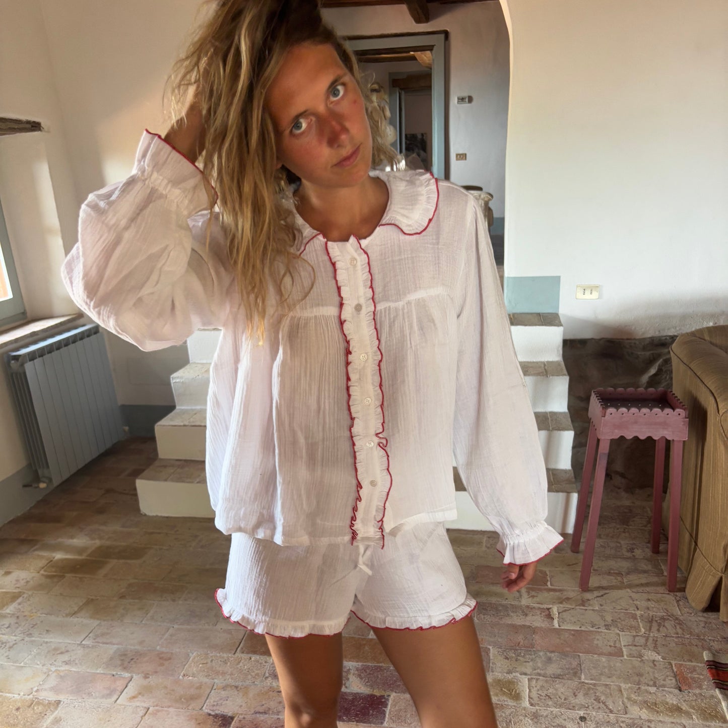 Red Ruffle Short Muslin Pyjamas