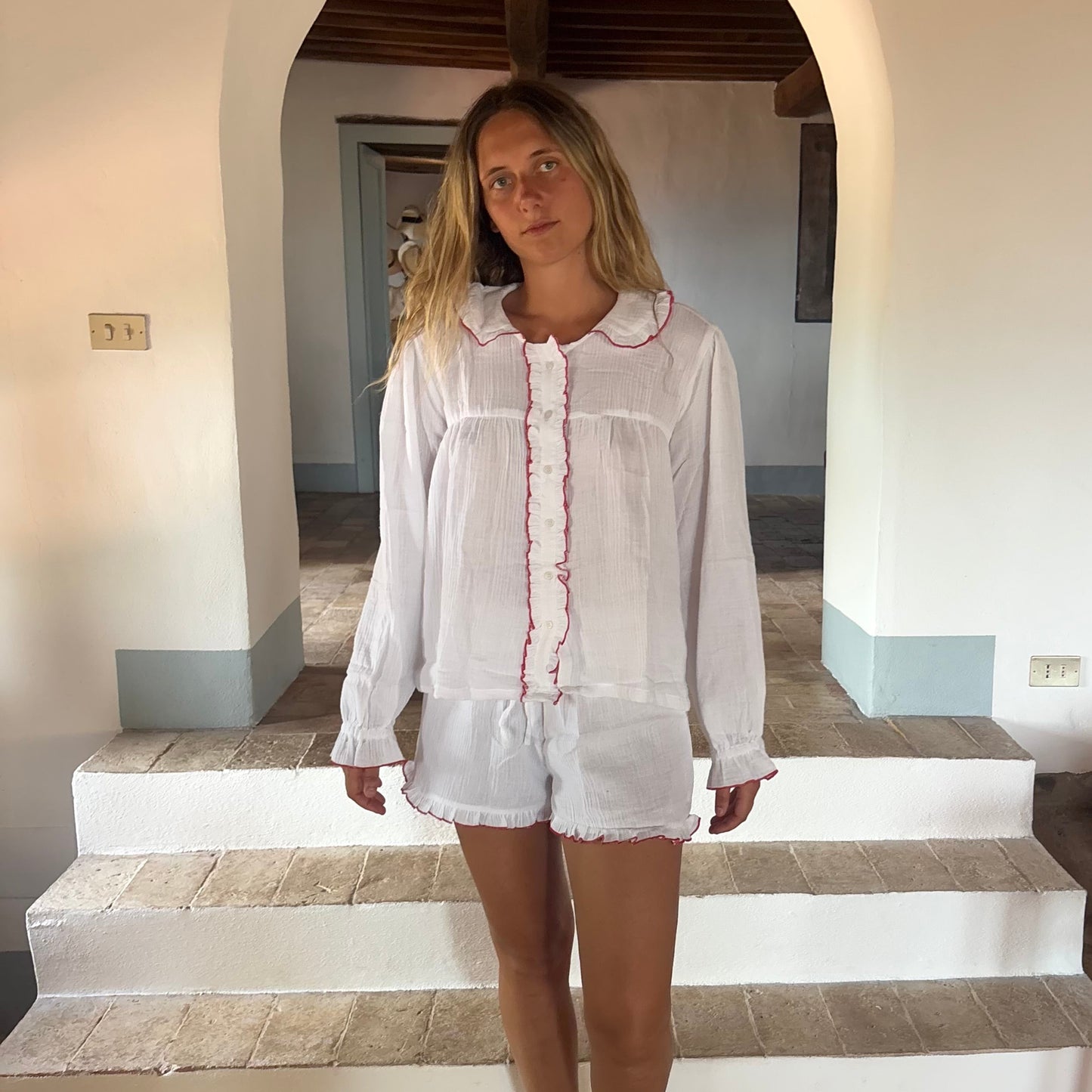 Red Ruffle Short Muslin Pyjamas