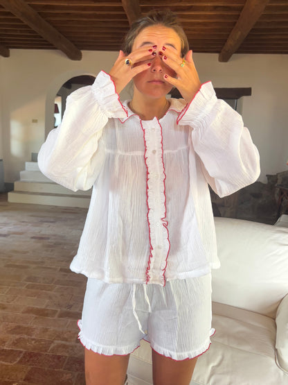 Red Ruffle Short Muslin Pyjamas