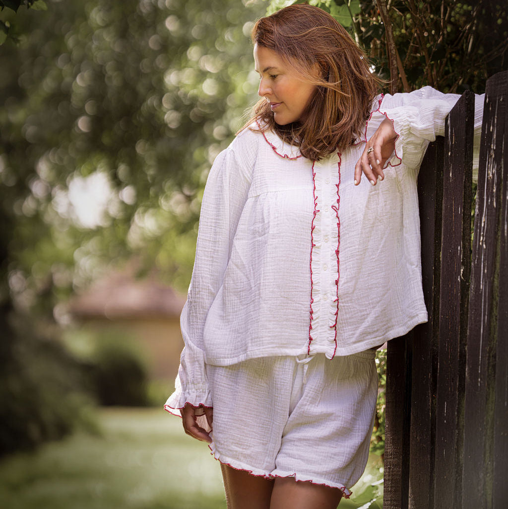 Red Ruffle Short Muslin Pyjamas