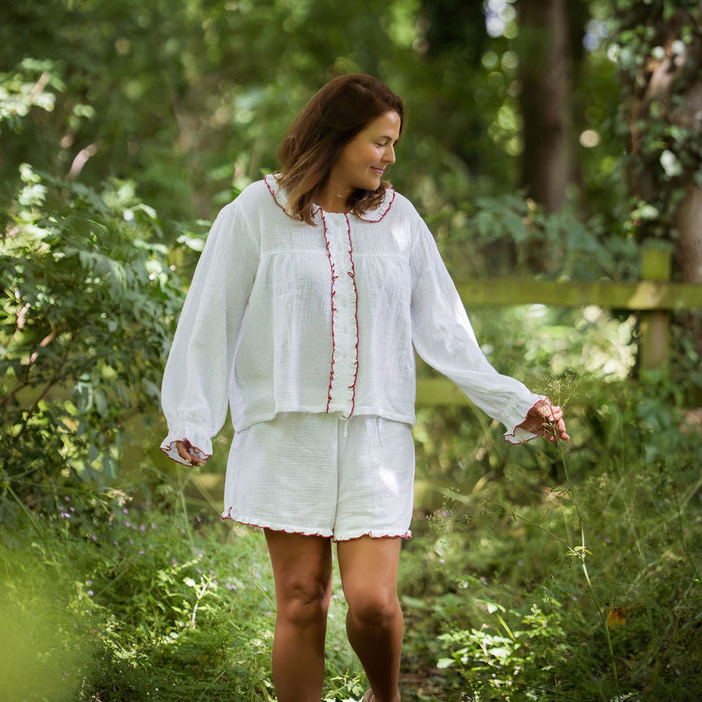 Red Ruffle Short Muslin Pyjamas